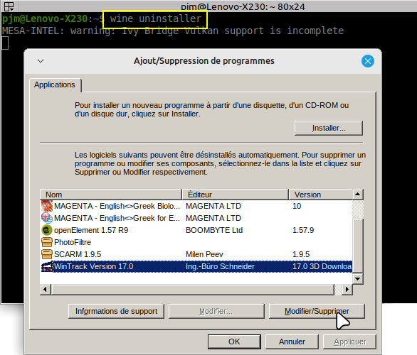 désinstaller programme sous wine